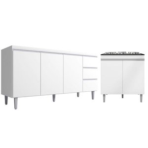 Kit Balcão Gabinete para Pia Andreia 150cm C- Balcão Cooktop 4 ou 5 Bocas Branco