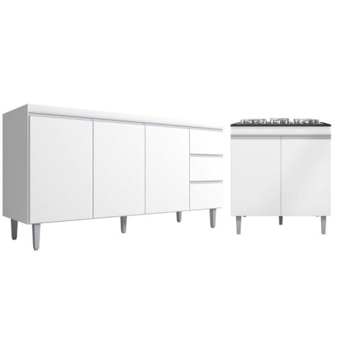 Kit Balcão Gabinete para Pia Andreia 150cm C- Balcão Cooktop 4 ou 5 Bocas Branco