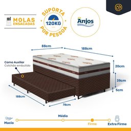 Cama Box com Colchão de Molas Ensacadas Anjos Classic + Auxiliar de Espuma Unique Solteiro 88cm - 6