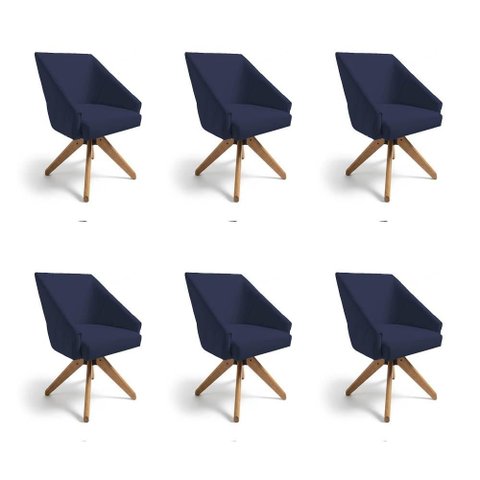 Kit 6 Poltronas Giratórias Alana Suede Azul Marinho Base de Madeira - Pallazio