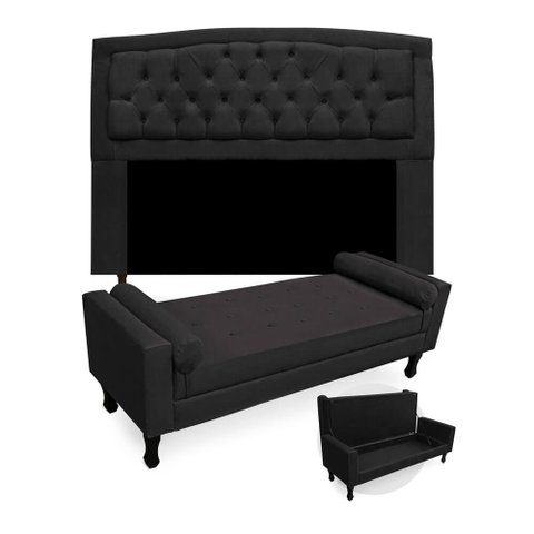 Kit Cabeceira Geovana + Calçadeira Baú Felix Casal 140cm Suede - Ecotec Decor:Preto