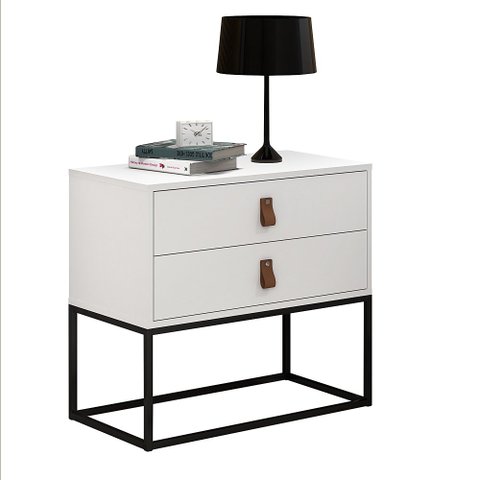 Mesa Cabeceira Unic 60cm Branco 2 Gavetas Corrediças Telescópicas Pé Preto