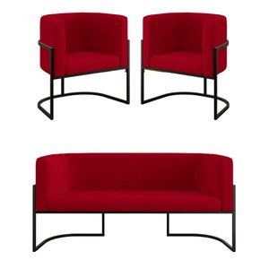 Kit 2 Poltronas + Sofá 2 Lugares Base de Metal Black Balaqui Cor:vermelho