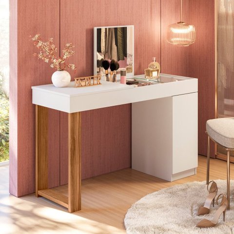 Escrivaninha Penteadeira Camarim Mesa de Maquiagem com Espelho Love Branco/cinamomo Mel - Mabe Magaz