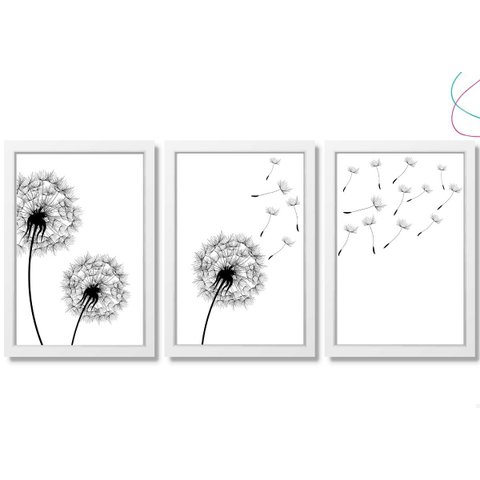 3 Quadros Decoração Dente de Leão Flor Minimalista C Moldura:branca