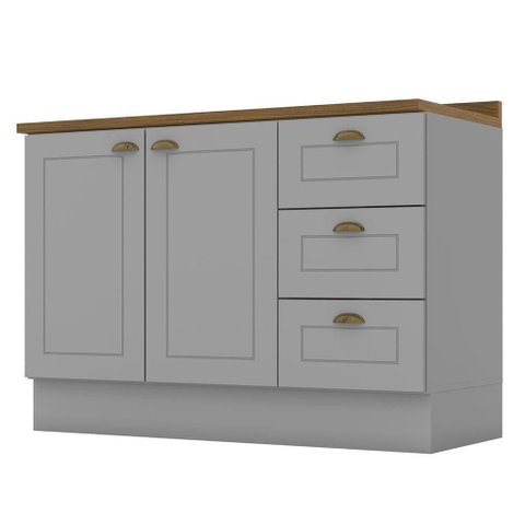 Balcão Pia 2 Portas e 3 Gavetas 120cm Americana Cinza com Tampo Nature - Móveis Henn Cinza-nature