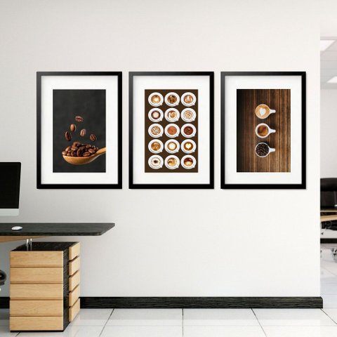 Kit 3 Quadros Grandes Cafés 60x48cm:moldura Preta