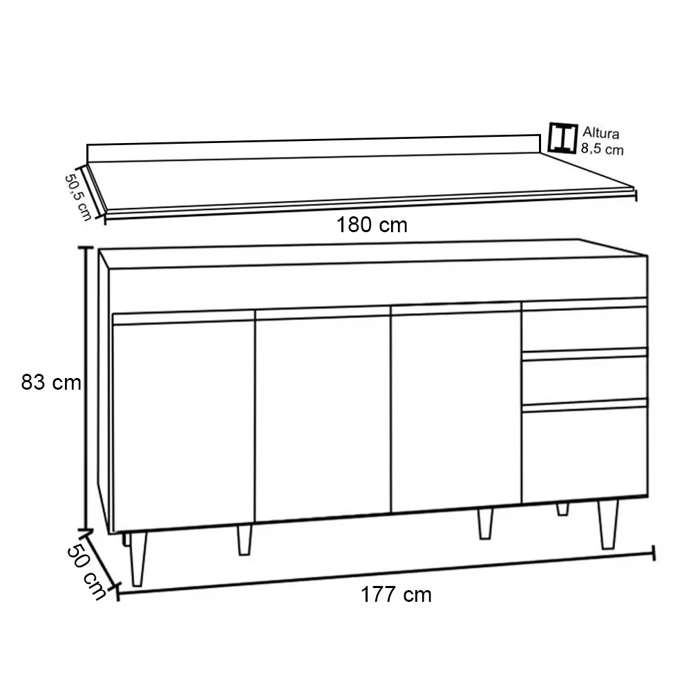 Balcão Gabinete 180cm com Tampo Dallas Preto - Lumil Lumil Móveis - 4