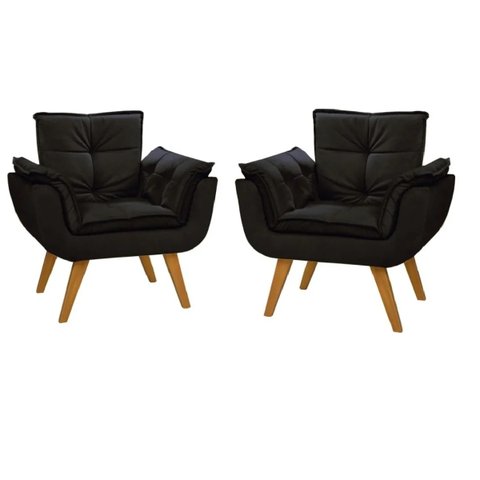 Kit 2 Poltrona Suede Preto Cadeira Decorativa Dani Sala Recepção Pés Caramelo