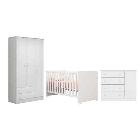 Quarto Infantil Doce Sonho Guarda Roupa Berço e Cômoda Sapateira Branco - Qmovi