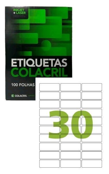 Etiqueta Adesiva CC180 - 25.4x66.7x3mm - 30 unidades por Folha - Caixa com 100 folhas - 1