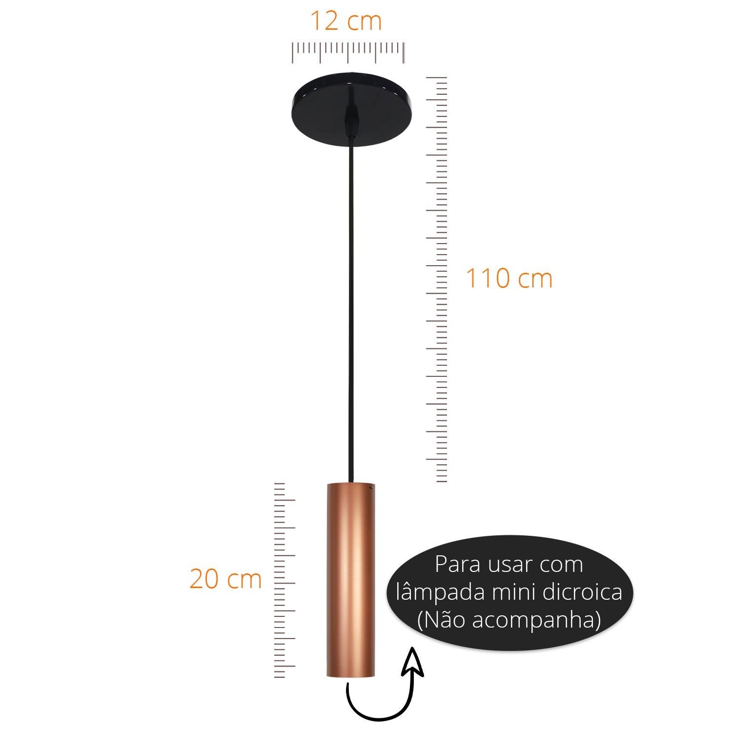 Kit 3 Pendente Tubo 710 - Gu10 para Mini Dicroica - 20cm Cobre - 3