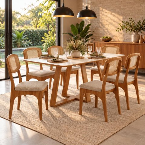 Mesa Jantar Retangular 1,80m 6 Lugares com 6 Cadeiras Assento Estofado Encosto Tela 100% MDF Dalla