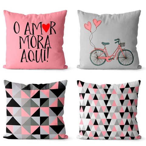 Kit 4 capas de almofadas geométrica o amor mora aqui rosa e preto