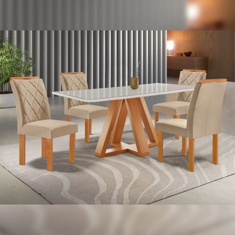 Mesa Kyra 120CMX90CM 4 Cadeiras Arthus Tampo Smart Plus Vidro Off White