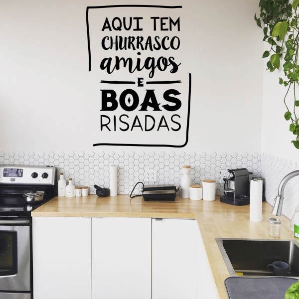 Adesivo Decorativo de Parede Churrasco, Amigos e Boas Risadas - Preto