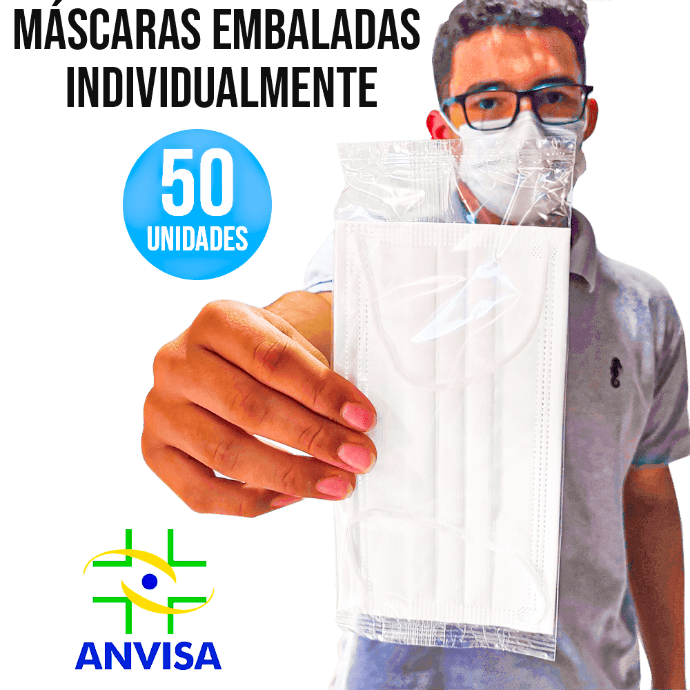 Máscara Descartável Tripla Camada Embaladas Individualmente Com Elástico e Clips Nasal 50 Unidades - 1