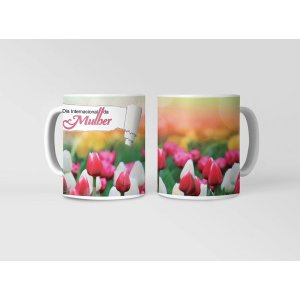 Caneca ECF Dia da Mulher - Tulipas Vermelhas Brancas Rosas Porcelana Branca 325ml