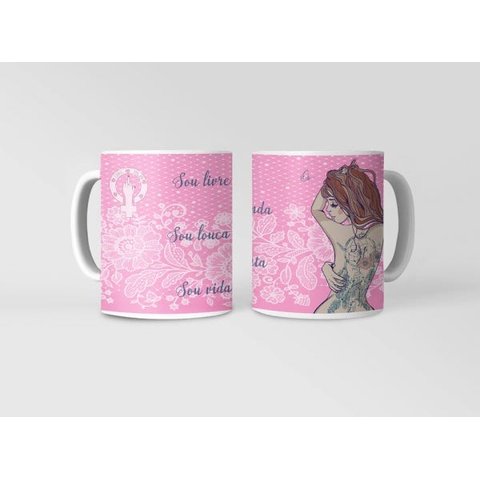 Caneca ECF Dia da Mulher - Sou Livre Sou Linda Porcelana Branca 325ml