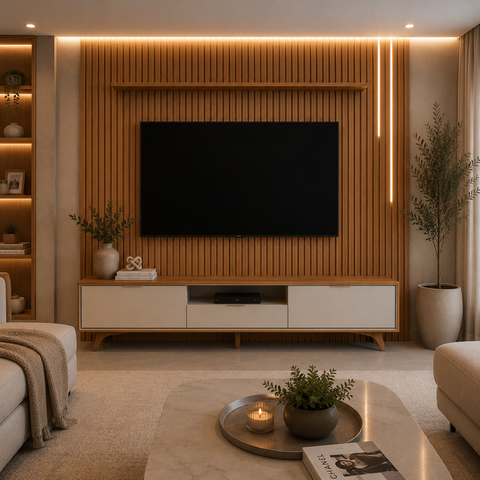Painel Ripado Completo com Rack Ayrah - Belaris Móveis:Naturalle Off White