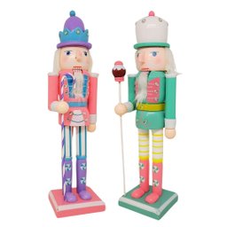 Jogo 2 Bonecos Quebra Nozes Decorado Madeira Candy Verde e Rosa Color 30cm Boca Articulada - Master  - 1