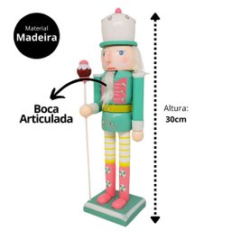 Jogo 2 Bonecos Quebra Nozes Decorado Madeira Candy Verde e Rosa Color 30cm Boca Articulada - Master  - 6