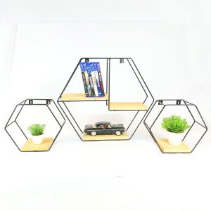 Kit 3 Nichos em Ferro e madeira Hexagonal Grande