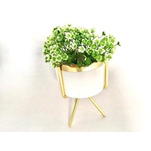 Cachepot G em Resina BrancaGold com Suporte Metal Gold e Planta Decor