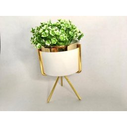 Cachepot G em Resina BrancaGold com Suporte Metal Gold e Planta Decor - 2