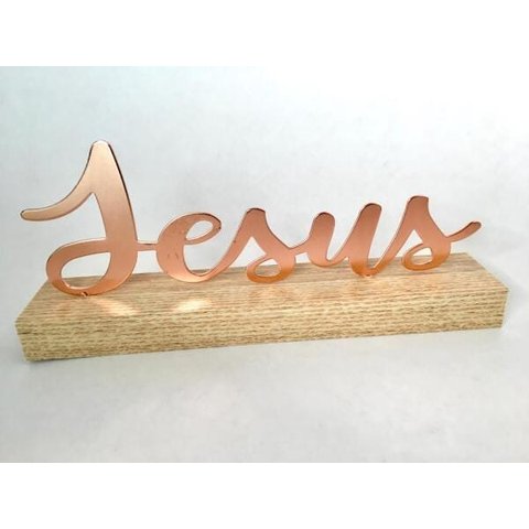Enfeite Decorativo JESUS metal Rosé com Base em Madeira 20x8x4cm