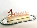Ver imagem 3 de Enfeite Decorativo JESUS metal Rosé com Base em Madeira 20x8x4cm