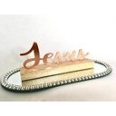 Ver imagem 3 de Enfeite Decorativo JESUS metal Rosé com Base em Madeira 20x8x4cm