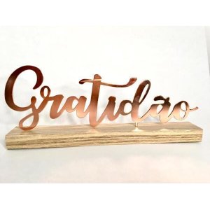 Enfeite Decorativo G GRATIDÃO metal Rosé com Base em Madeira 26,5x10x4cm