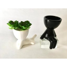 Vaso Cerâmica Preta estilo Sentado e Vaso Cerâmica Branco estilo Deitado com Planta Decor - 3