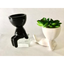 Vaso Cerâmica Preta estilo Sentado e Vaso Cerâmica Branco estilo Deitado com Planta Decor - 2
