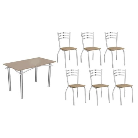 Conjunto: Mesa Sala Jantar Elba Tampo Madeirado c/ Vidro 120cm e 6 Cadeiras Portugal Cromada/Freijo