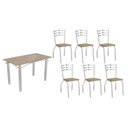Ver imagem 1 de Conjunto: Mesa Sala Jantar Elba Tampo Madeirado c/ Vidro 120cm e 6 Cadeiras Portugal Cromada/Freijo
