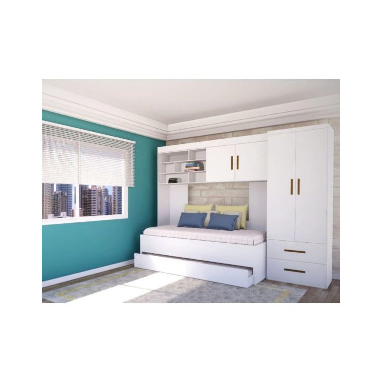 Quarto Modulado Encanto com Guarda-roupa 2 Portas, Módulo Aéreo e Cama com Auxiliar - Móveis Leartam