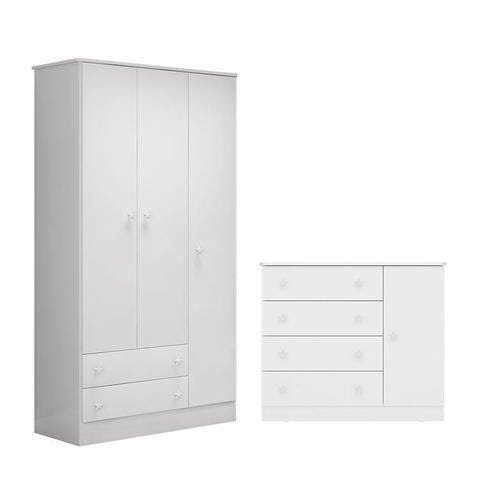 Guarda-Roupa 2617 e Cômoda Infantil 2561 Doce Sonho Branco Brilho - Qmovi