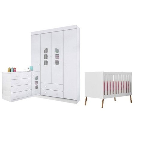 Jogo de Quarto Infantil Completo Com Berço Cômoda e Roupeiro 4 Portas - Móveis Leartam