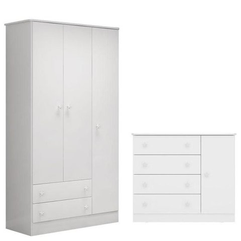 Jogo Infantil Com Roupeiro 3 Portas E Cômoda Sapateira Branco Móveis Leartam