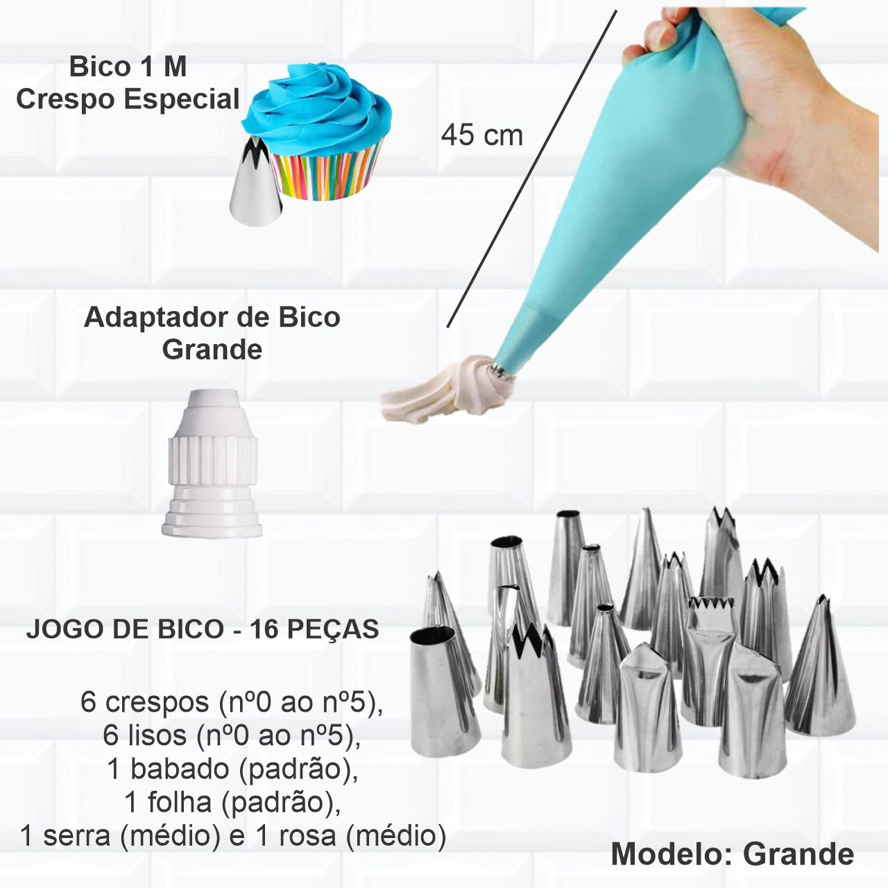 Bicos Confeitar + 1m + Adaptador + Saco De Confeitar - 2