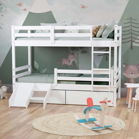 Beliche Solteiro Dreams com 02 Gavetas Grade de Proteção e Mini Escada/ Escorrega Madeira Maciça