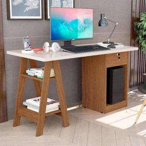 Escrivaninha Retangular Lena Moderno 1 Gaveta 2 Prateleiras MDF 135cm Off White e Canela