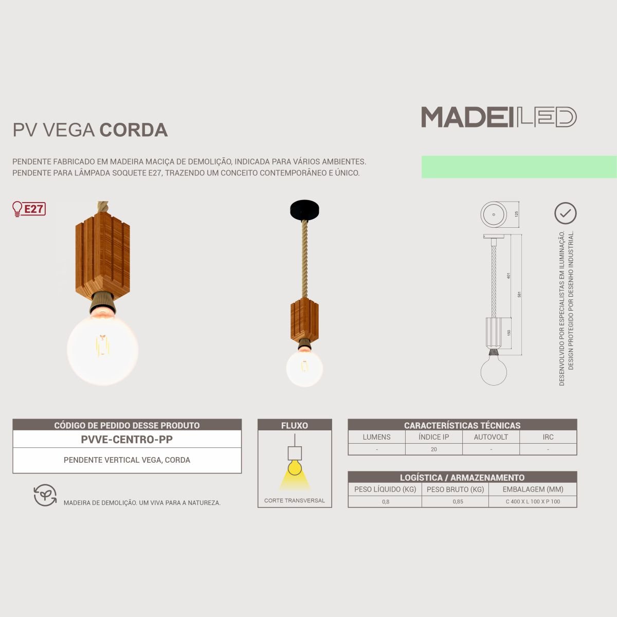 Pendente Vertical Madeira Corda Vega Rosca E27 - 6