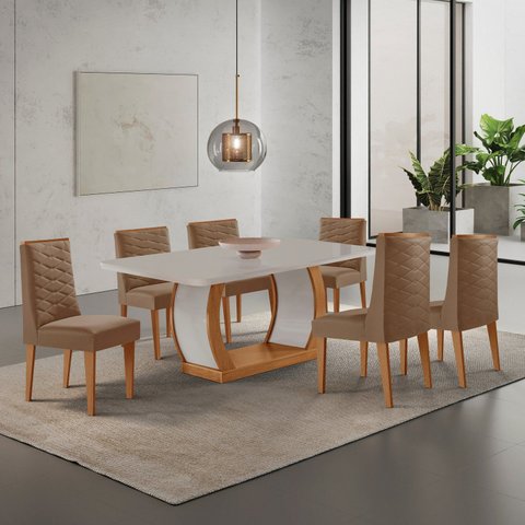 Conjunto de Mesa de Jantar Kate 180 Tp MDF Canto Copo 6 Cadeiras Estela