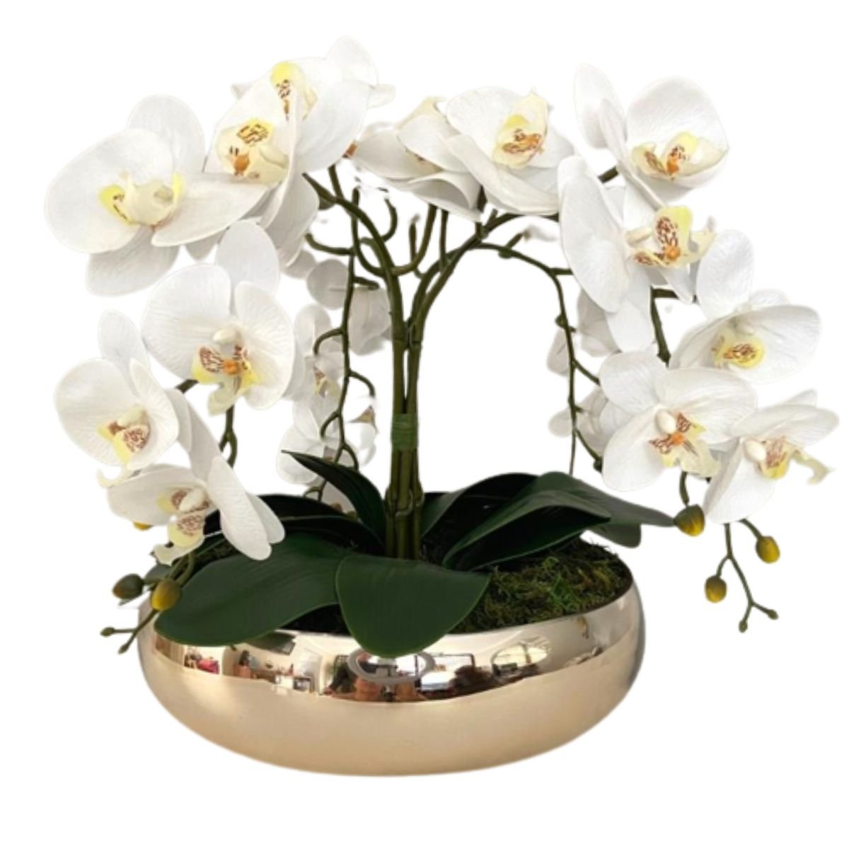 Arranjo 4 Flores De Orquídeas Brancas 3D Vaso Dourado G - 1