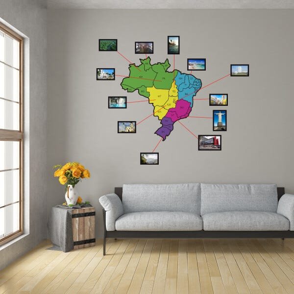 Adesivo de Parede Mapa do Brasil Colorido Com Molduras 83x86cm