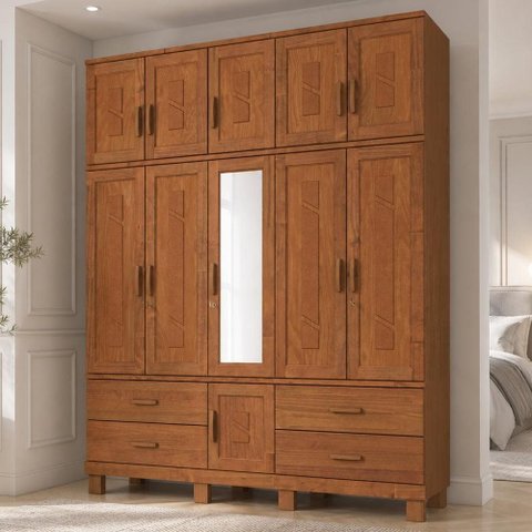 Guarda Roupa Casal com Espelho 11 Portas Aplique 4 Gavetas Madeira Maciça Lorie F06 Castanho - Lyam