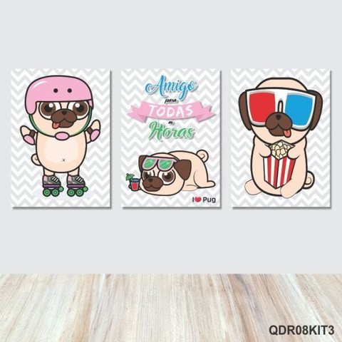 3 Quadros Decorativos Pug Amigo para Todas As Horas